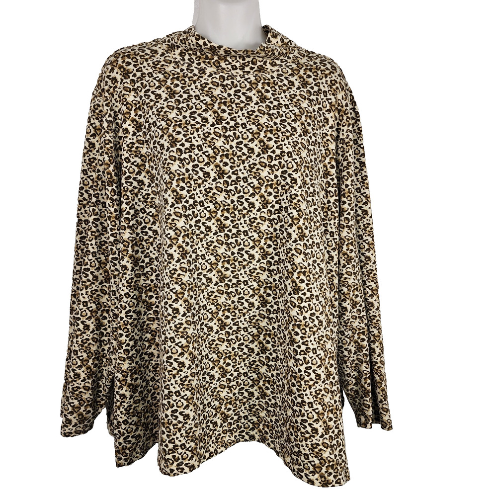 D&Co Denim & Co Womens Top 3X Mock Turtleneck Brown Tan Animal Print Stretch